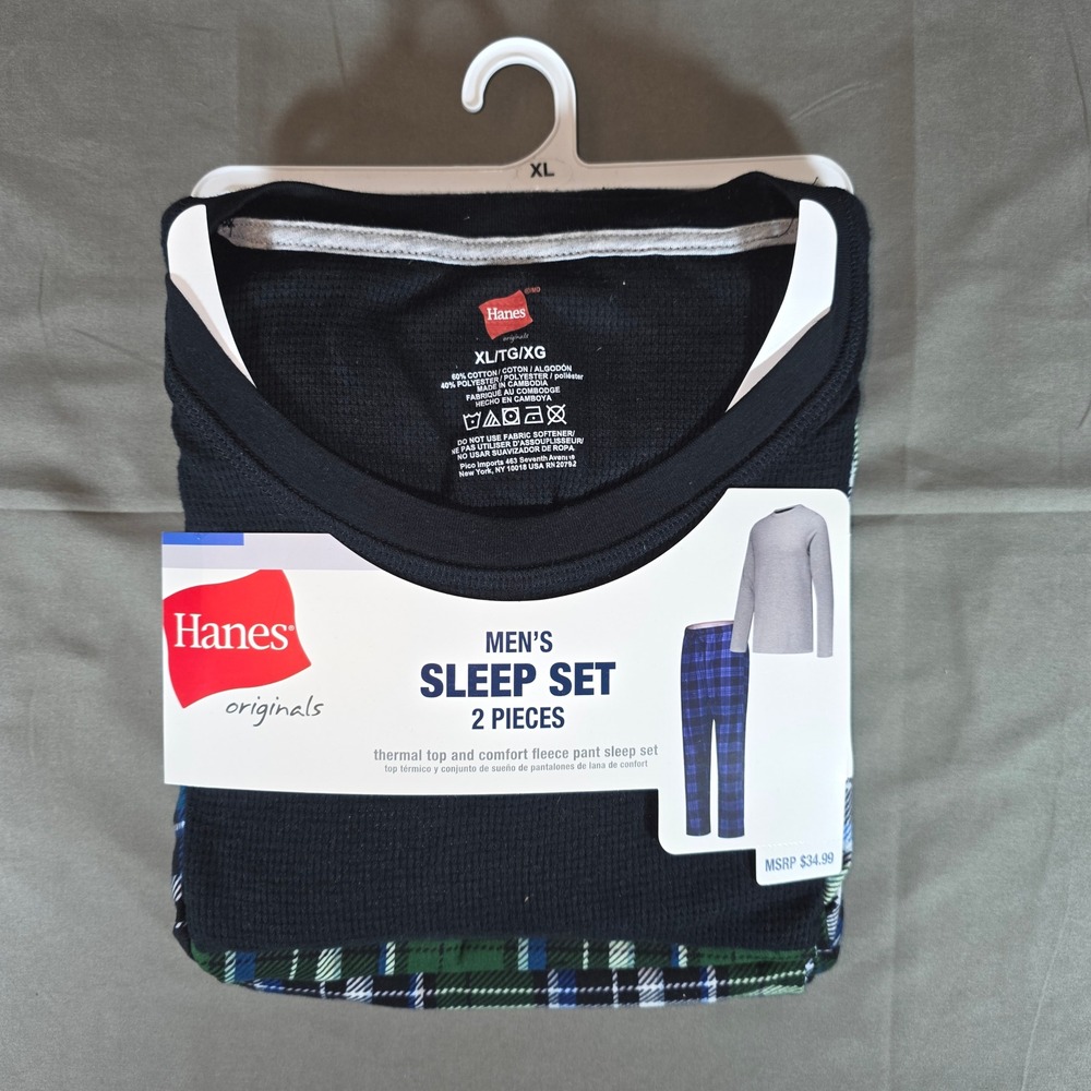 Hanes Originals Mens Sleep Set 2pc Thermal Top Fleece Pants Plaid Black Green XL